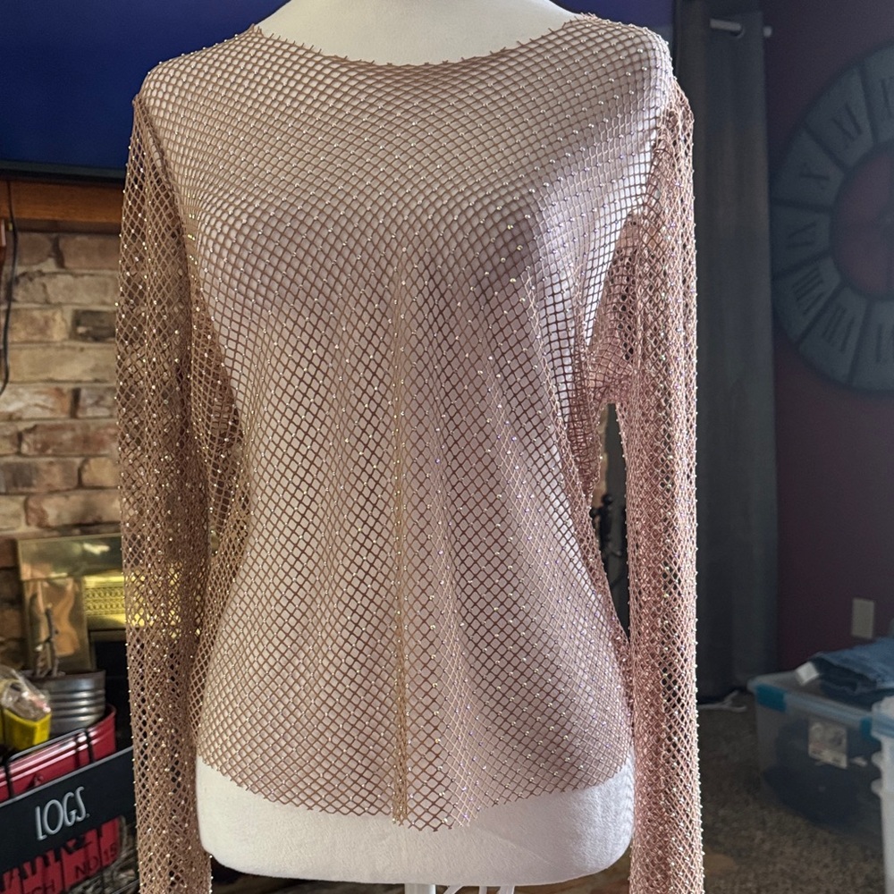 Elegant Women's Mesh Top with Rhinestones in Blush Pink